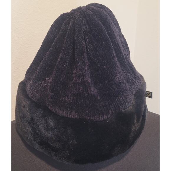 Turtle Fur Black Chenille Winter Hat OS Retro Cozy Faux Fur EUC - Picture 1 of 6